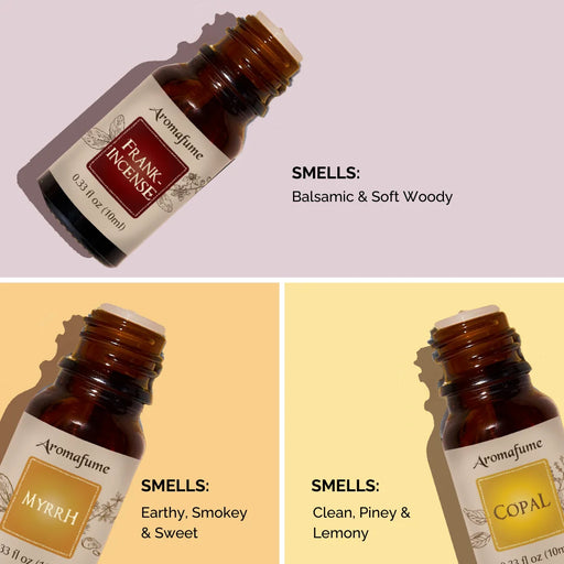 Aroma profiles: Smoky, earthy, piney, balsamic, sweet and woody notes of Frankincense, Myrrh & Copal